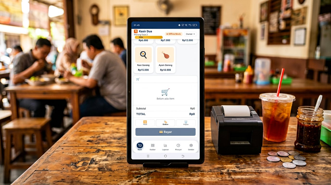 Kasir Dua di meja warung, printer thermal di samping
